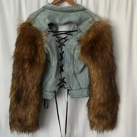 Azalea Wang Light Blue Denim Jean Faux Fur Sleeves Jacket Coat **Size L** 🌺🌺 - Picture 2 of 5